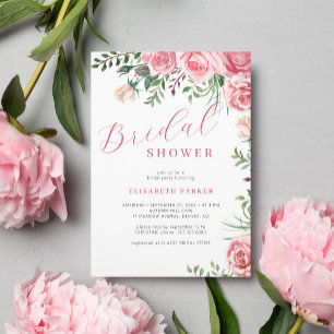 Pink roses watercolor floral elegant bridal shower invitation