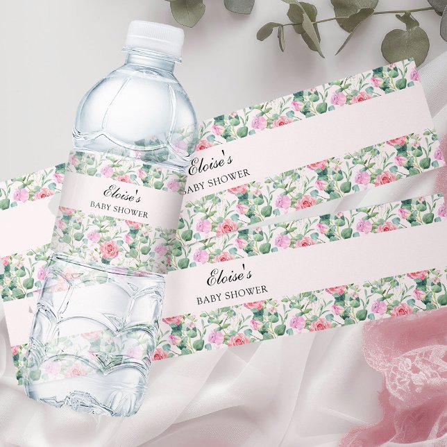 Pink Roses Watercolor Floral Personalised Water Bottle Label (Floral water bottle labels from my Vintage Tea Party Baby Shower Collection)