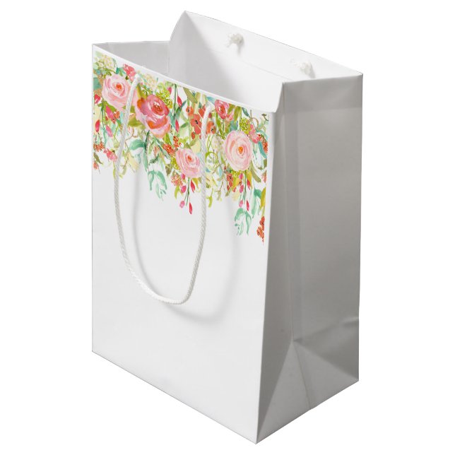 Pink Roses Watercolor Medium Gift Bag (Front Angled)
