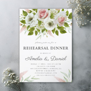 Pink Roses Watercolor Romantic Rehearsal Dinner Invitation