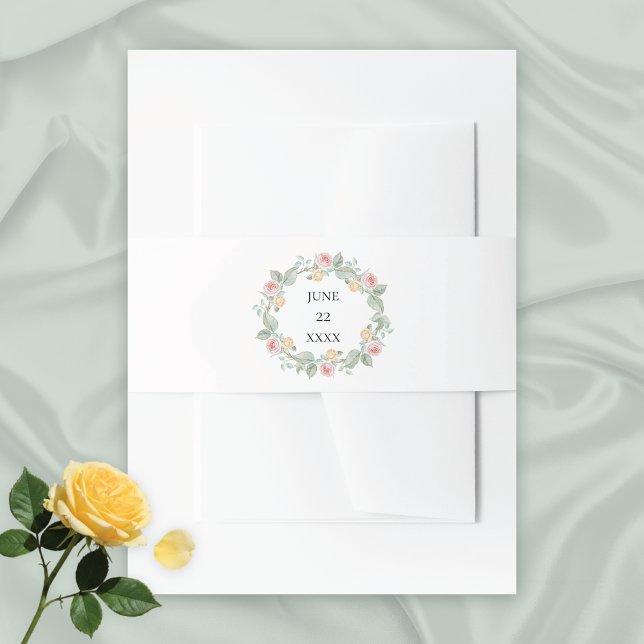 Pink Roses Watercolor Wreath Wedding Invitation Belly Band (Creator Uploaded)