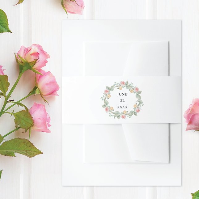 Pink Roses Watercolor Wreath Wedding Invitation Belly Band (Creator Uploaded)