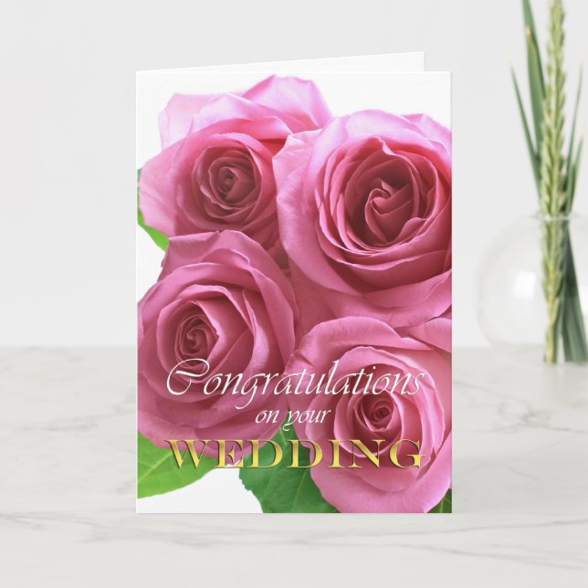 Pink roses, wedding congratulations card (Front)