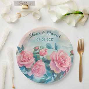 Pink Roses Wedding Engagemen Bridal Shower CUSTOM Paper Plate