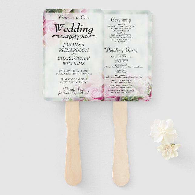 Pink Roses Wedding Fans with Program (Front and Back)