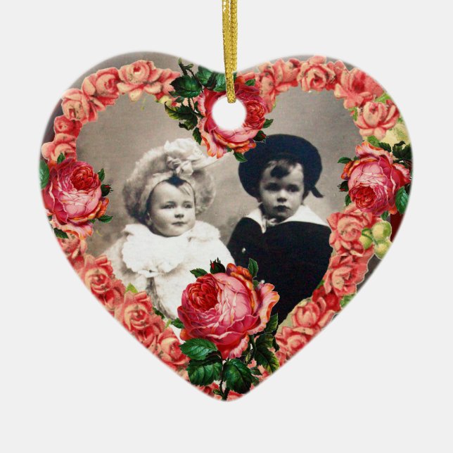 PINK ROSES WEDDING HEART PHOTO TEMPLATE MONOGRAM CERAMIC TREE DECORATION (Front)