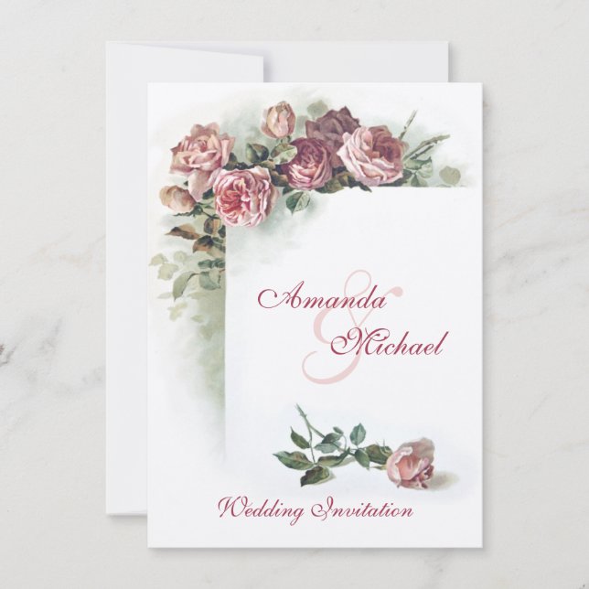 Pink roses wedding invitation (Front)