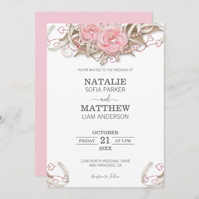 Pink  Roses Wedding Invitation (Front/Back)