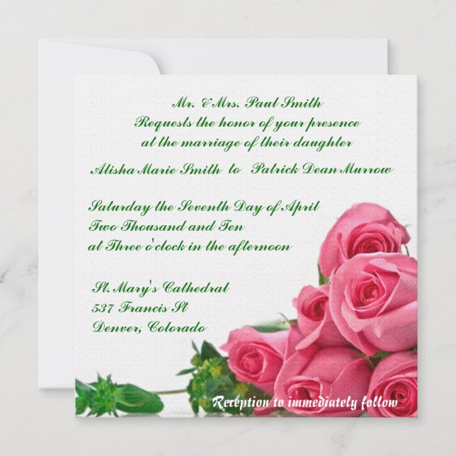 Pink Roses Wedding Invitation announcement (Front)