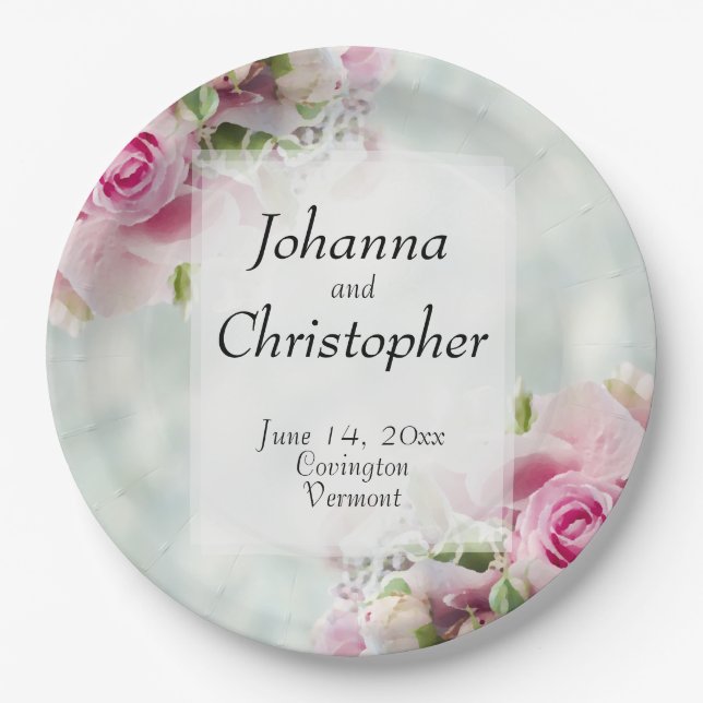 Pink Roses Wedding Paper Plates (Front)