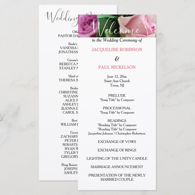 Pink Roses Wedding Program Programme (Front/Back)