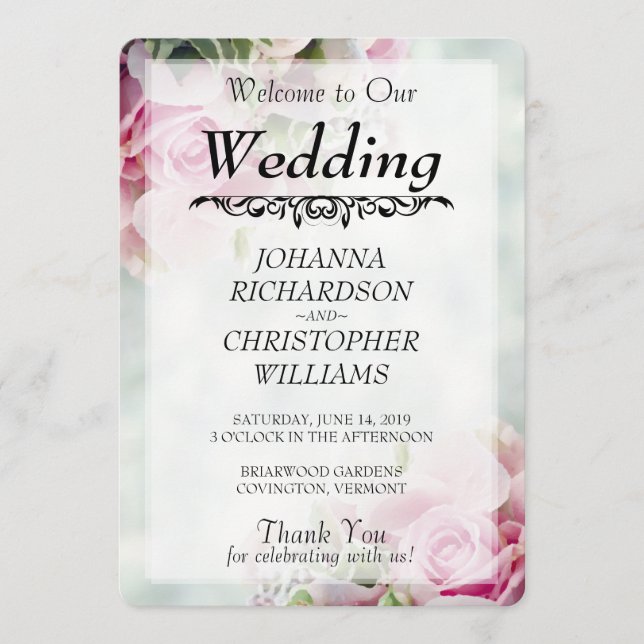 Pink Roses Wedding Program Programme (Front)