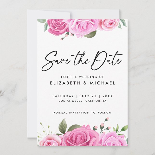 Pink Roses Wedding Save The Date Invitation (Front)