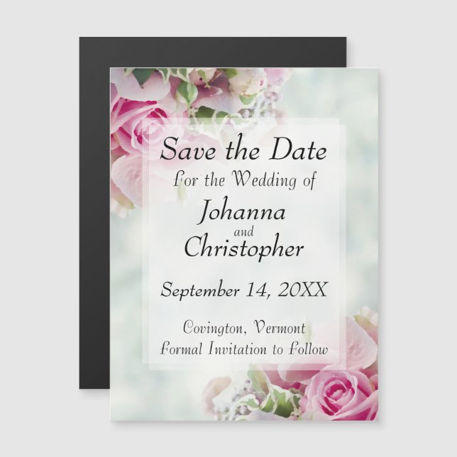 Pink Roses Wedding Save the Date Magnetic Card (Front/Back)