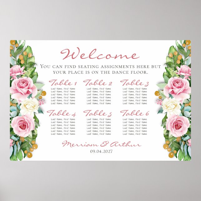 Pink Roses Wedding Seating Chart 36"x24" (Front)