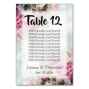 Pink Roses Wedding Table Number with Seating Chart
