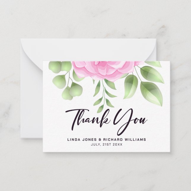 Pink Roses Wedding Thank You Note Card (Front)