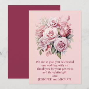 Pink Roses Wedding Thank You Note Card