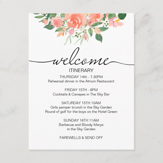 Pink Roses Wedding Weekend Itinerary Welcome Enclosure Card (Front)
