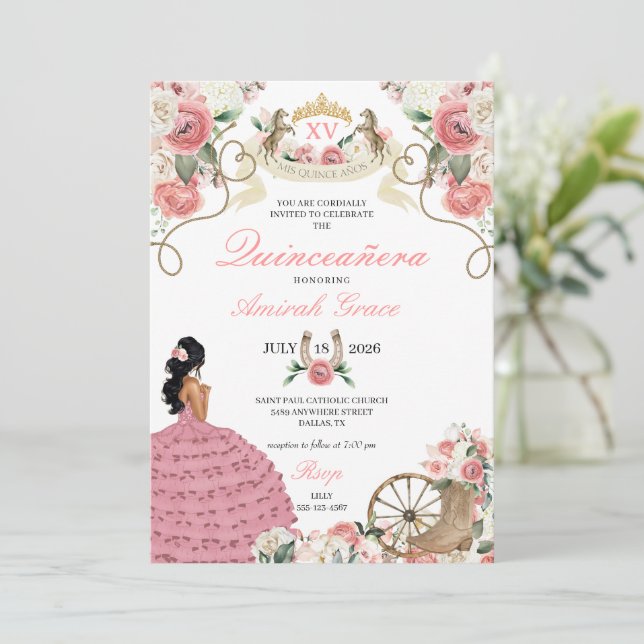Pink Roses Western Charro Cowgirl Quinceañera Invitation (Standing Front)