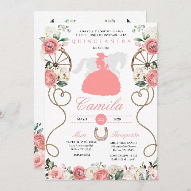 Pink Roses Western Mariachi Charro Quinceañera Invitation (Front/Back)