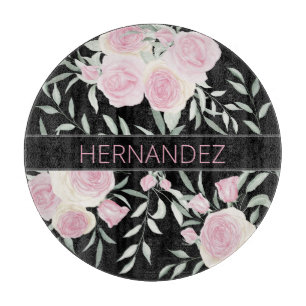 Pink Roses White and Black Family's Last Name Cutting Board