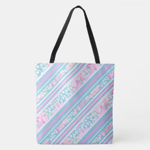 Pink Roses, White Butterflies and Matching Stripes Tote Bag
