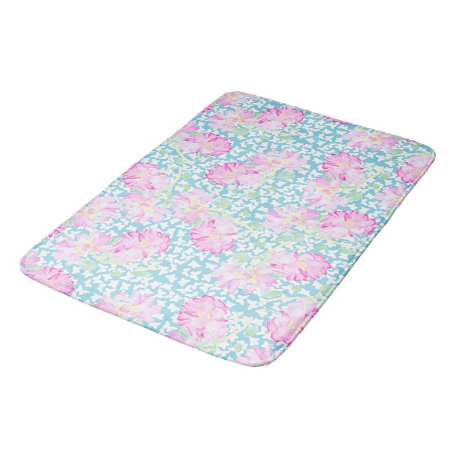 Pink Roses, White Butterflies Blue Bath Mat (Angled)