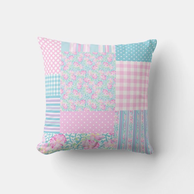 Pink Roses White Butterflies Blue Faux Patchwork Cushion (Front)