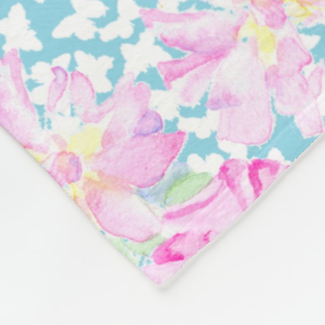 Pink Roses White Butterflies Blue Fleece Blanket (Corner)