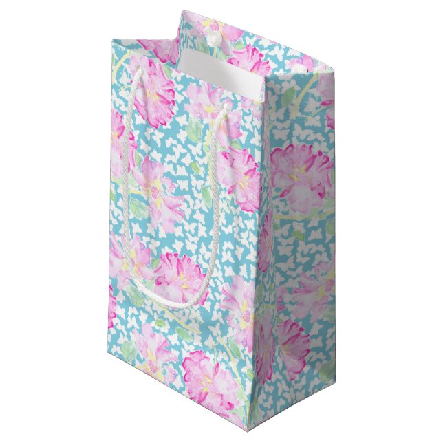 Pink Roses White Butterflies, Blue Small Gift Bag (Front Angled)