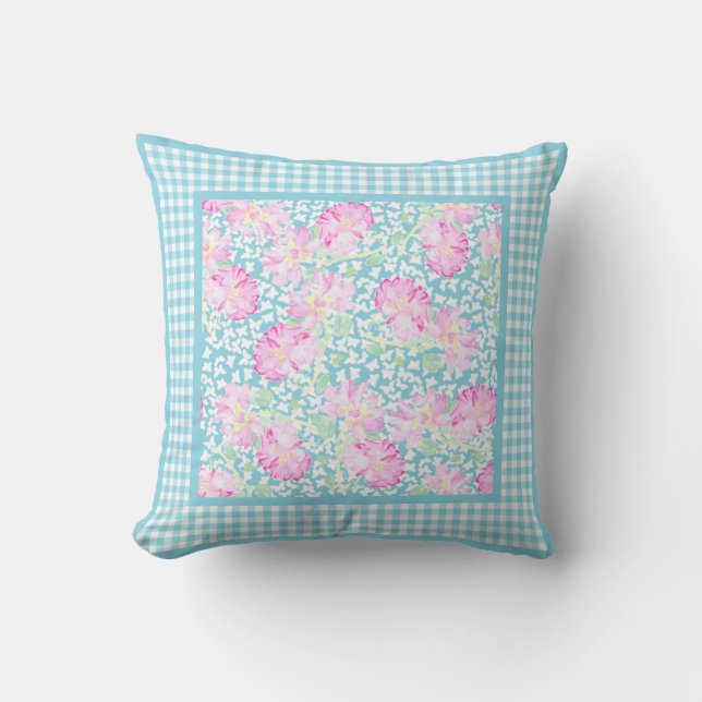 Pink Roses, White Butterflies, Check Gingham Cushion (Front)