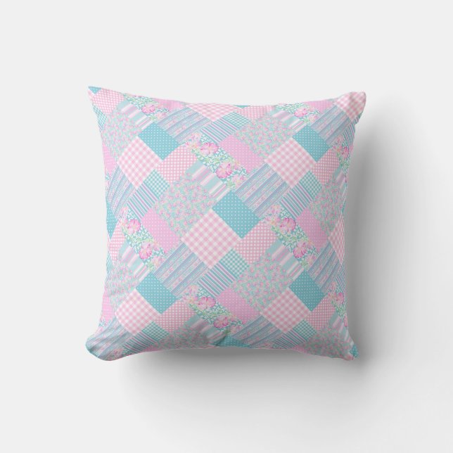 Pink Roses White Butterflies Faux Patchwork Pillow (Front)