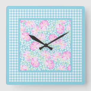 Pink Roses White Butterflies Gingham Wall Clock