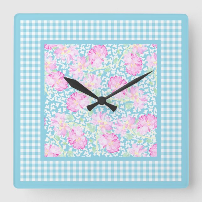 Pink Roses White Butterflies Gingham Wall Clock (Front)