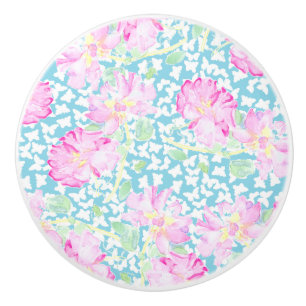 Pink Roses, White Butterflies on Blue Ceramic Knob