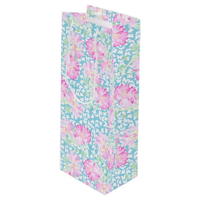 Pink Roses White Butterflies on Blue Wine Gift Bag (Front Angled)