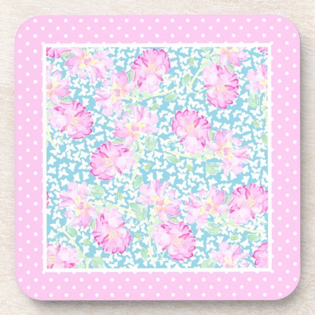 Pink Roses White Butterflies Polkas Coasters Set (Front)