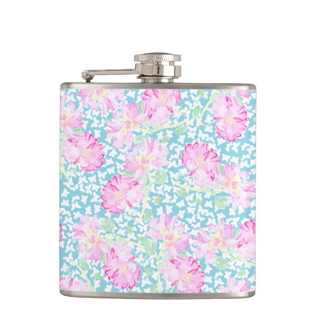 Pink Roses White Butterflies Sky Blue Hip Flask (Front)