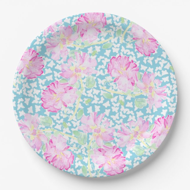 Pink Roses White Butterflies Sky Blue Paper Plate (Front)