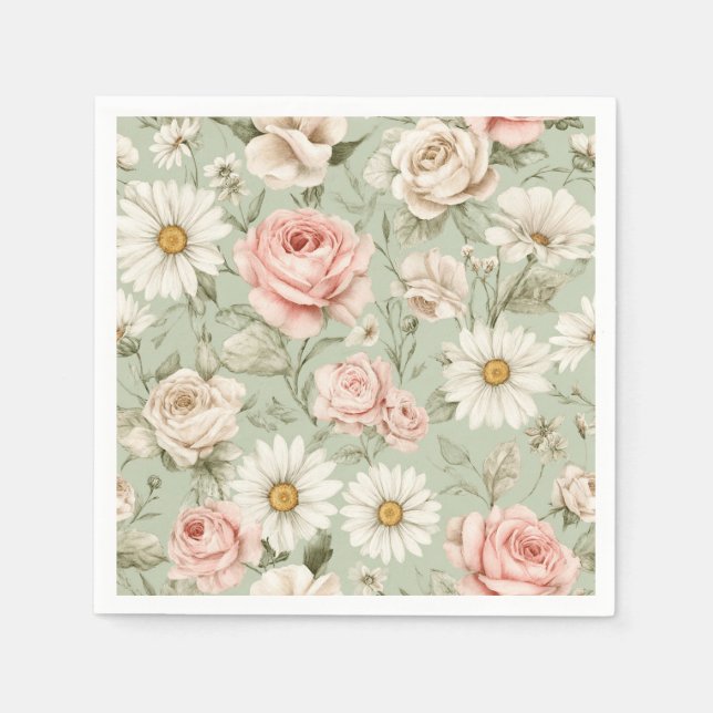 Pink Roses White Daisies Floral  Napkin (Front)