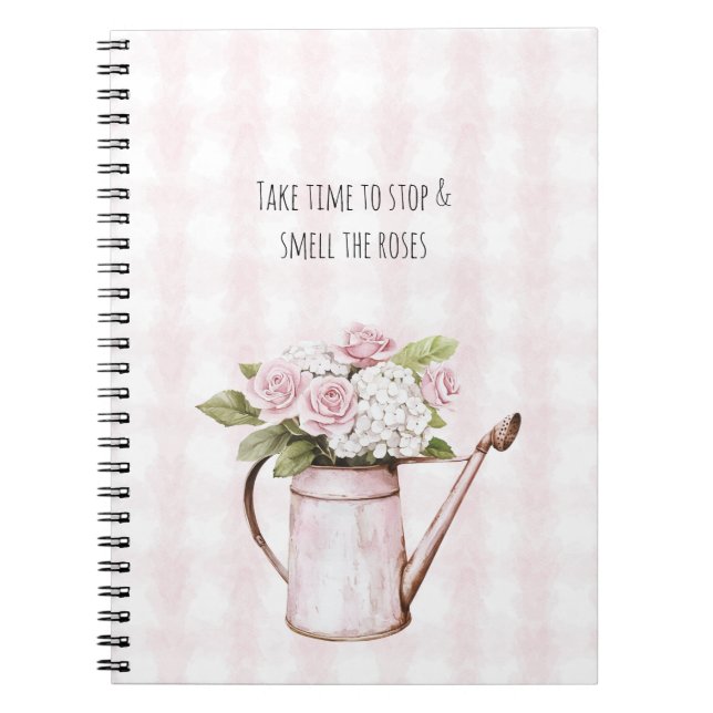 Pink Roses White Floral Watering Can Notebook (Front)