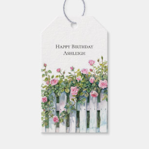 Pink Roses White Picket Fence Birthday Gift Tags