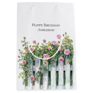 Pink Roses White Picket Fence Birthday Medium Gift Bag