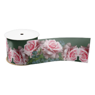 Pink Roses Wide Wedding Dark Green Ribbon Satin Ribbon