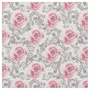 Pink Roses with Black and White Floral Background  Fabric