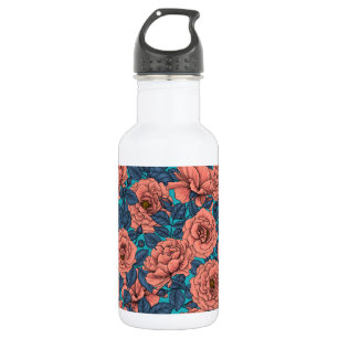 Pink roses with blue leaves on blue 532 ml water bottle