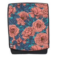 Pink roses with blue leaves on blue