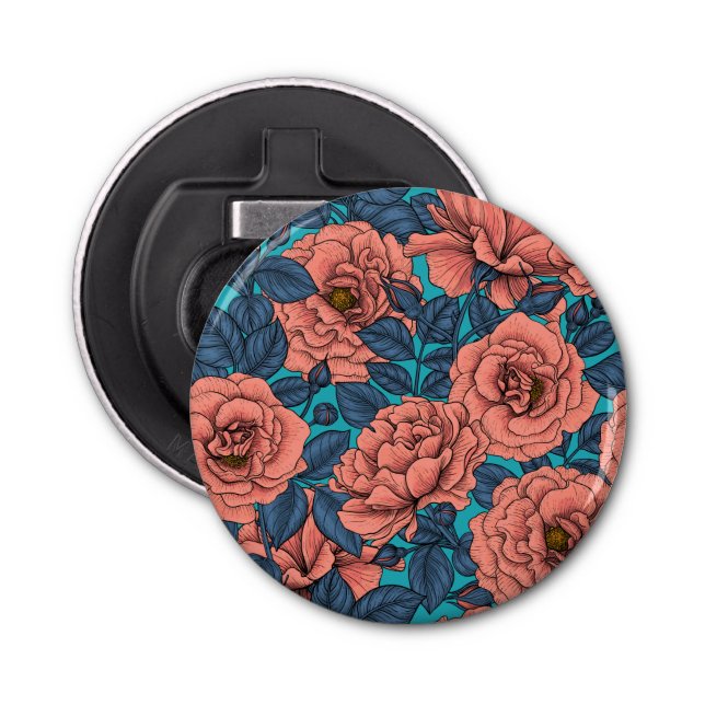 Pink roses with blue leaves on blue bottle opener (Front)