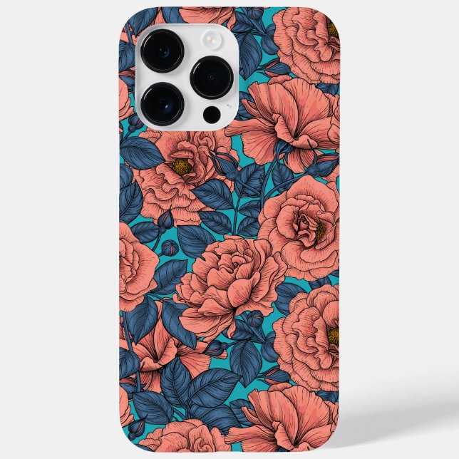 Pink roses with blue leaves on blue Case-Mate iPhone case (Back)